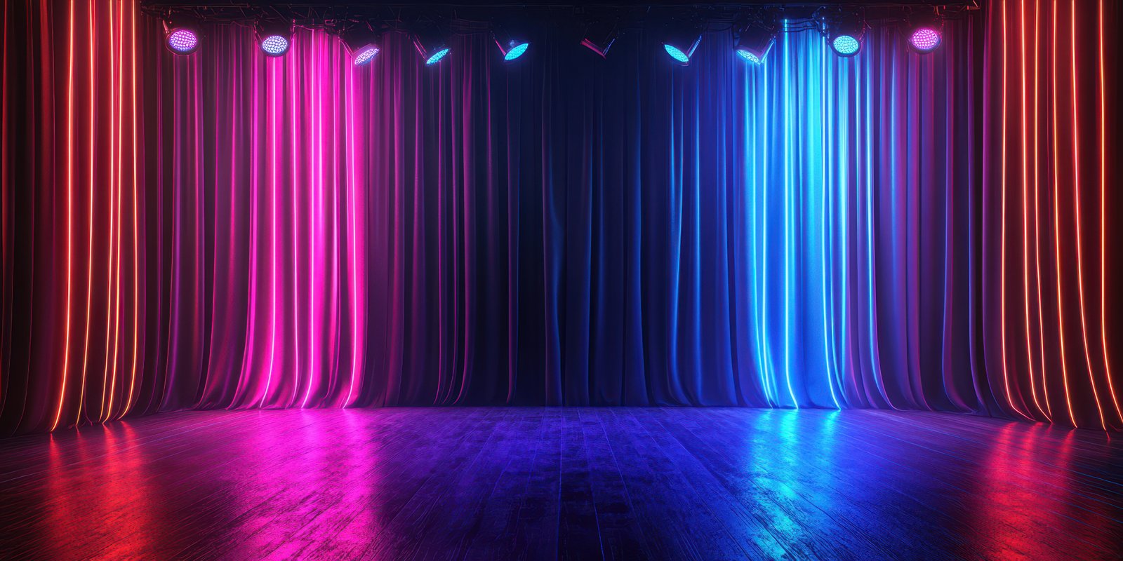 Colorful stage with vibrant curtains and dramatic lighting for a performance or event